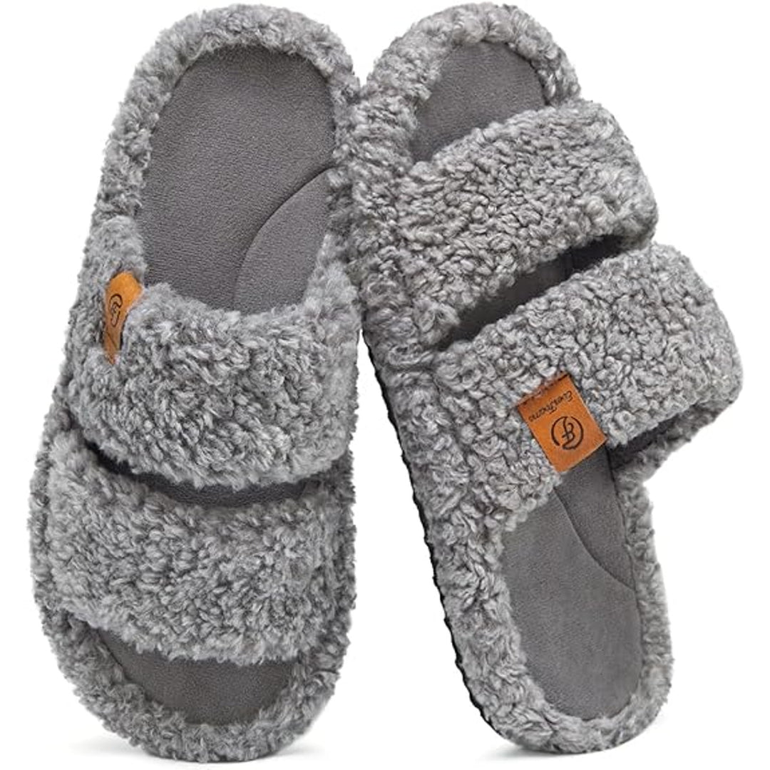 New EverFoams Womens Size 9/10 Gray Fuzzy Open Toe Memory Foam House Slippers