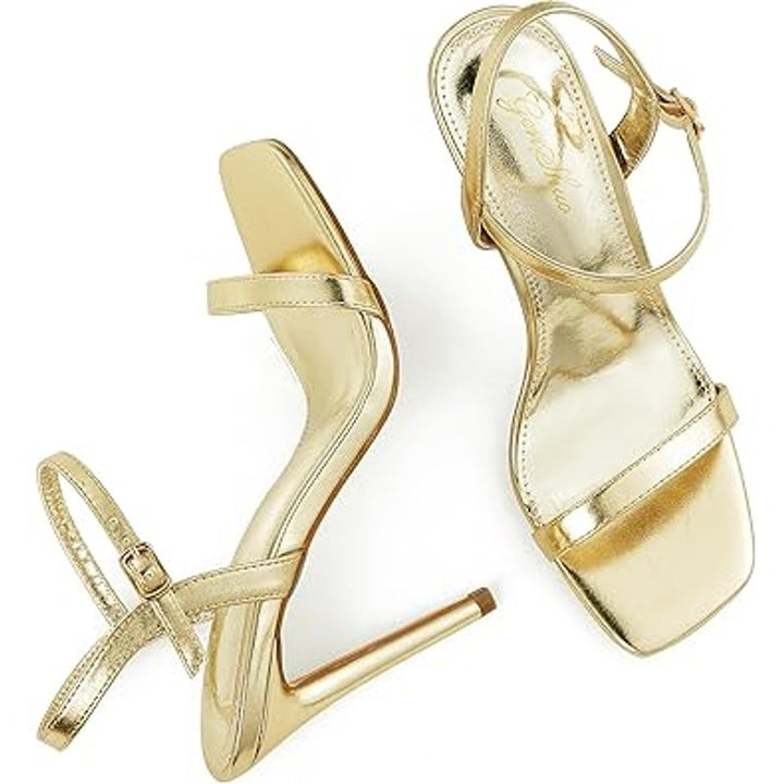 Genshuo Womens Size 6 Shiny Gold Open Toe 4" Heel Buckle Strap Sandal Shoes
