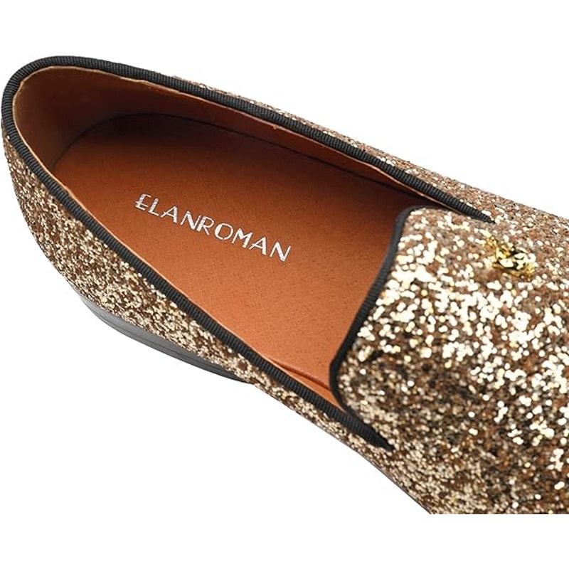 Elanroman Mens Size 12 Shiny Gold Glitter Slip On Loafer Prom Wedding Shoes