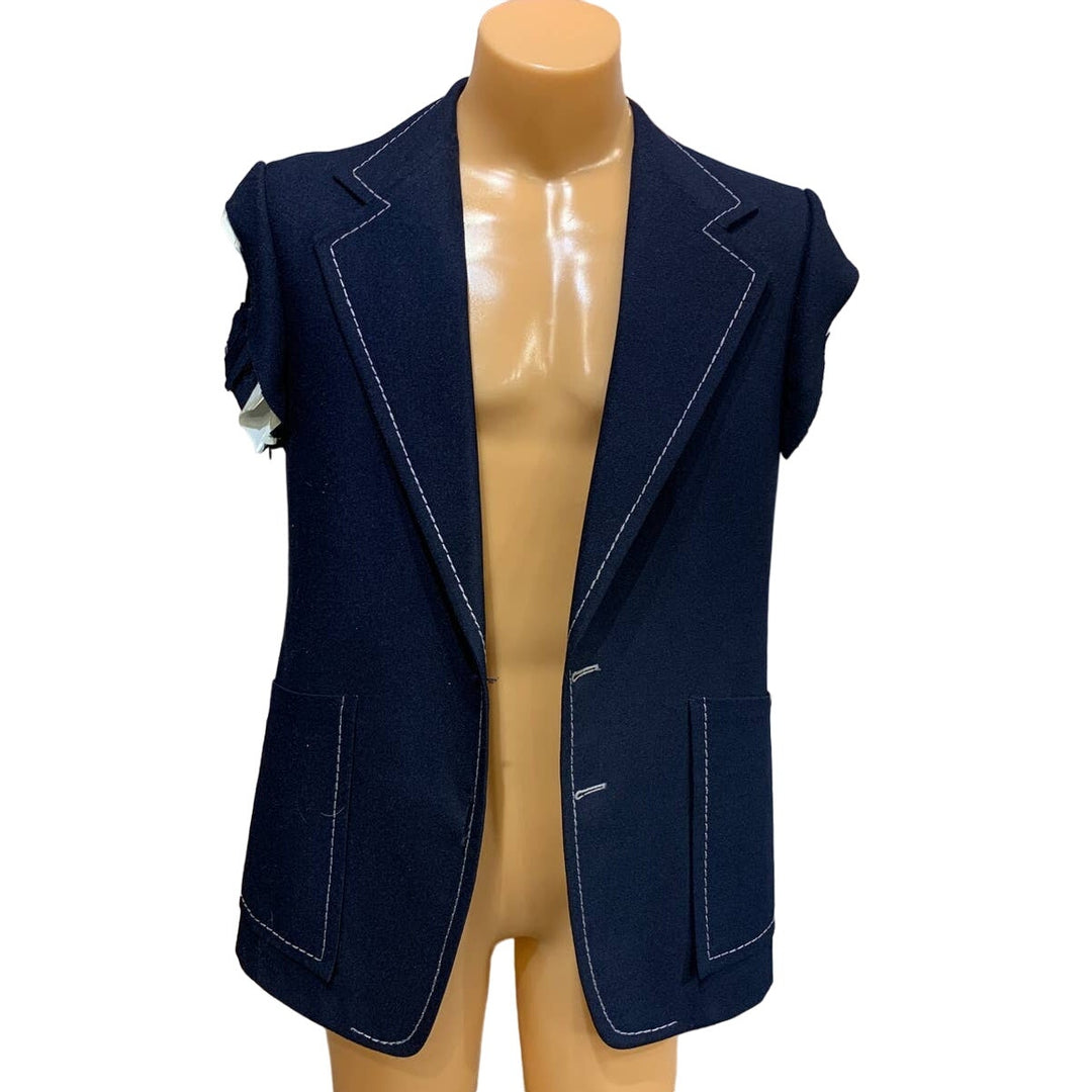 Rough Cut Custom Made Ratner Clothes Mens Navy Blue Jacket No Buttons or Sleeves