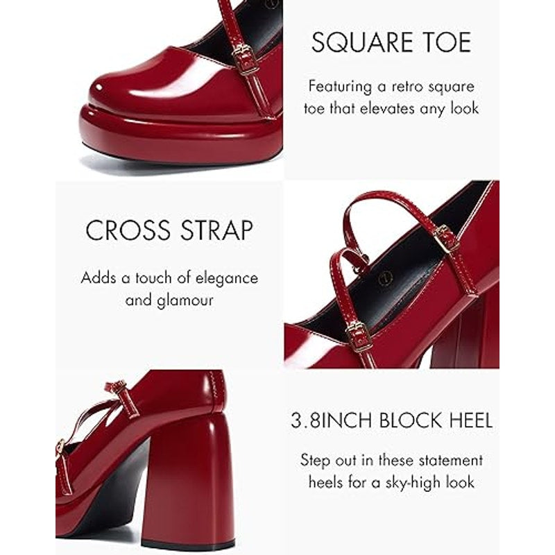 Coutgo Womens 7.5 Shiny Red 4" Chunky Heel Platform Mary Jane Closed Toe Shoes