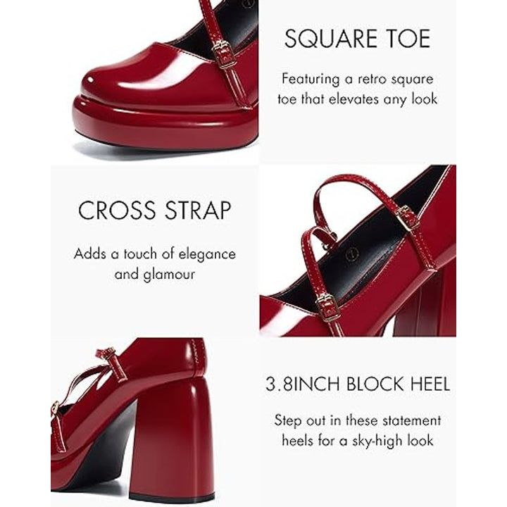 Coutgo Womens 7.5 Shiny Red 4" Chunky Heel Platform Mary Jane Closed Toe Shoes
