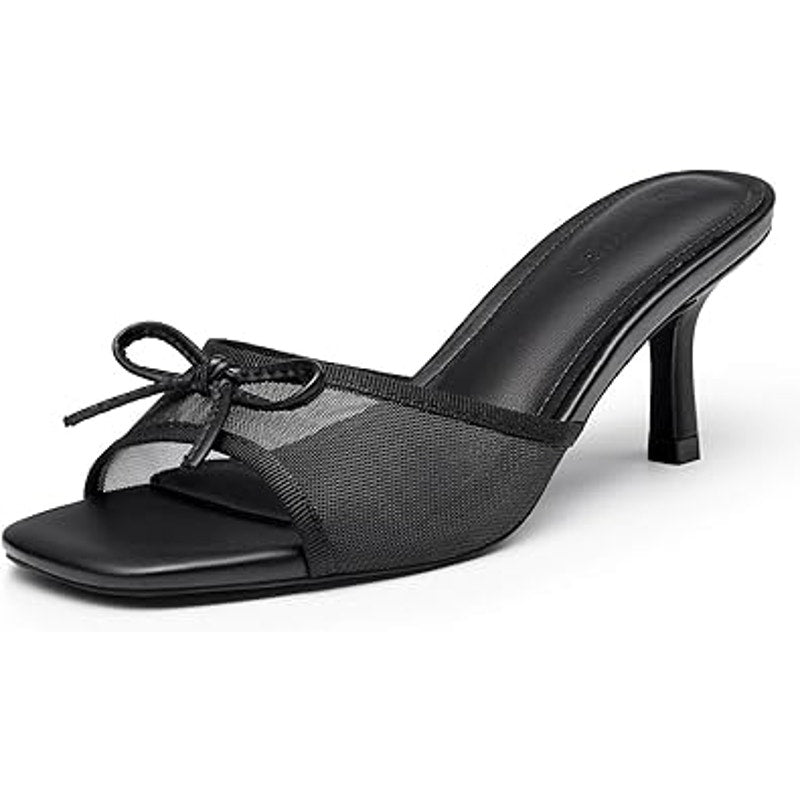 Coutgo Womens Size 7.5 Black Square Open Toe Mesh Strap Bow 2.5" Slip On Heels