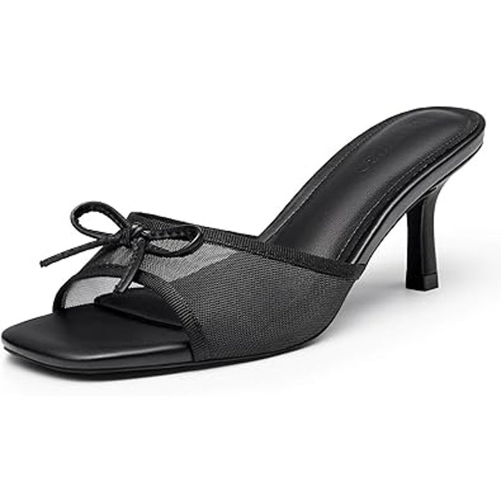 Coutgo Womens Size 7.5 Black Square Open Toe Mesh Strap Bow 2.5" Slip On Heels