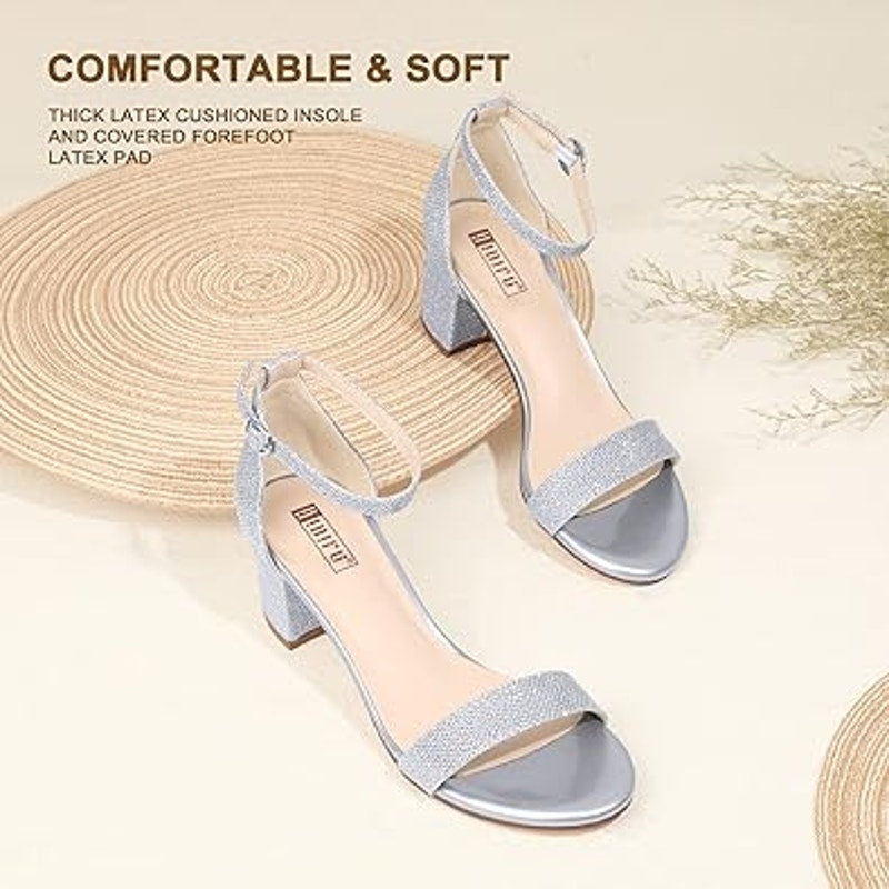 Idifu Womens 9 Silver Glitter Open Toe 2" Block Heel Ankle Strap Sandal Shoes