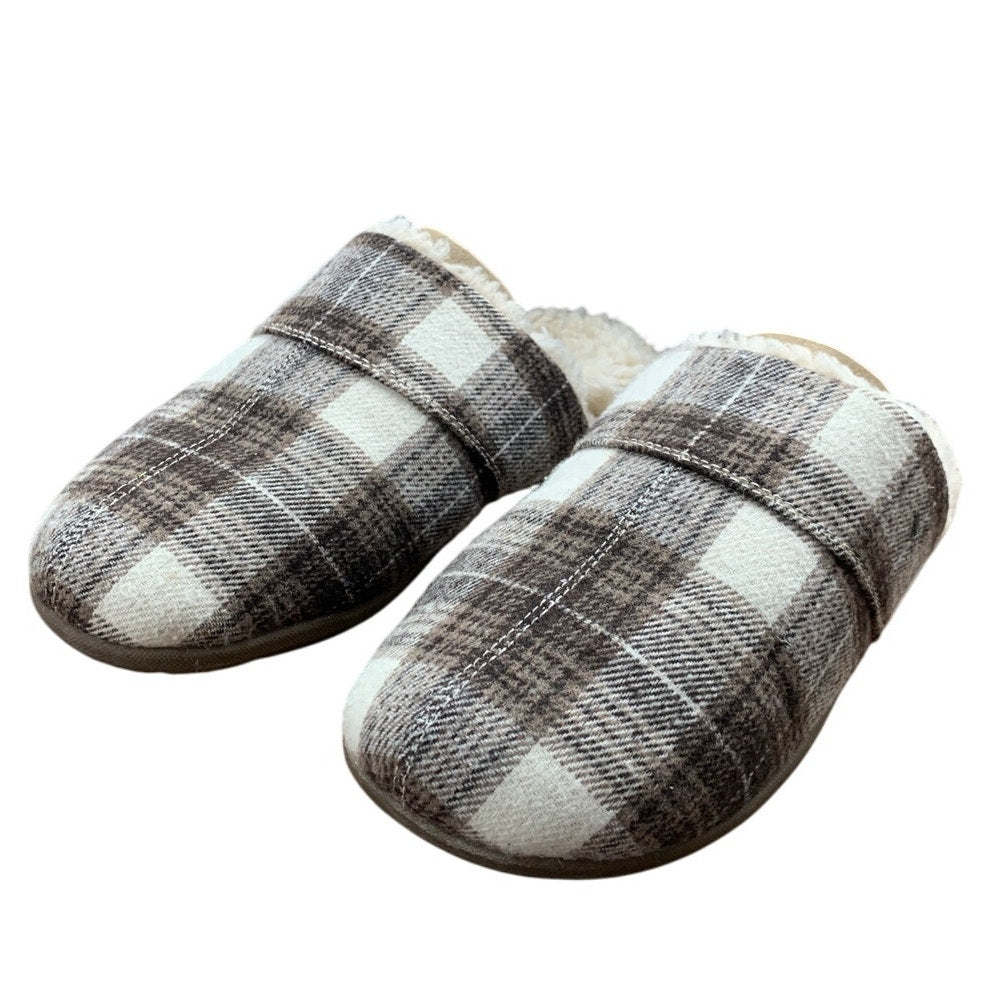 Vionic Mens Size 8 Brown White Plaid Memory Foam Slide On Mule Slippers Shoes