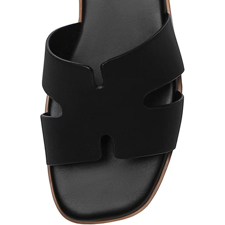 Rihero Womens Size 7 Black Sandals Flats Slip On Square Open Toe Slides Shoes