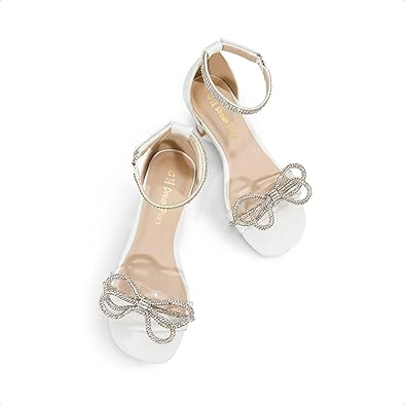 Dream Pairs Big Girls Size 4 White Silver Sparkle Bow 2" Heel Ankle Strap Shoes