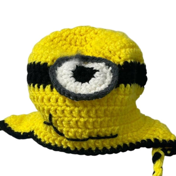 Handmade Crochet Minions Child Yellow Black Single Eye Sock Cap Hat w Braids