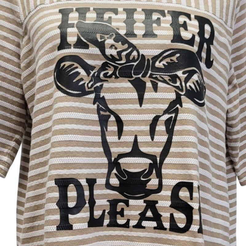 Hand Printed Upcycled Womens XL Cow Heifer Please Striped Back Button Top