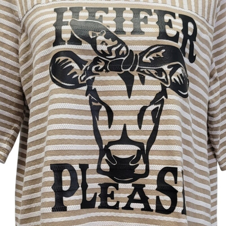 Hand Printed Upcycled Womens XL Cow Heifer Please Striped Back Button Top