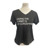 Hand Printed Upcycled Womens Large Saving the Planet is My Superpower V-Neck Tee