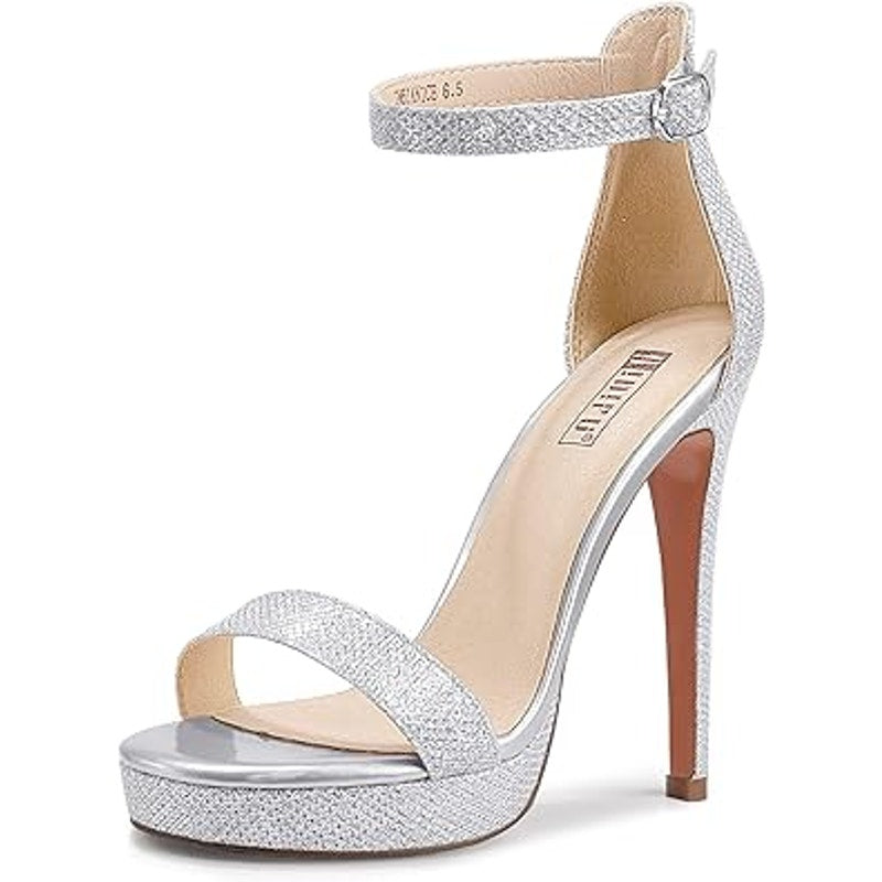 Idifu Womens Size 9 Silver Glitter 5" Platform Heel Open Toe Ankle Strap Shoes