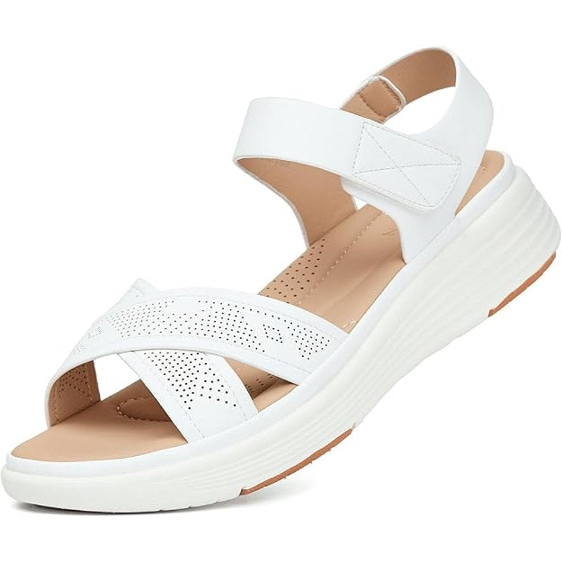 Ubfen Womens 5.5 White Faux Leather Hook Loop Open Toe 1.5" High Walking Sandals