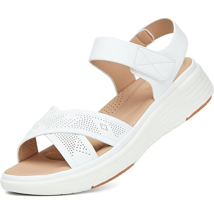 Ubfen Womens 5.5 White Faux Leather Hook Loop Open Toe 1.5" High Walking Sandals