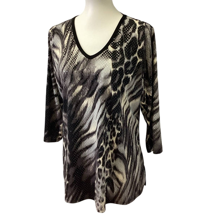 Susan Graver Large Animal Zebra Stripe Leopard Spot V-Neck Sequin Sparkle Top