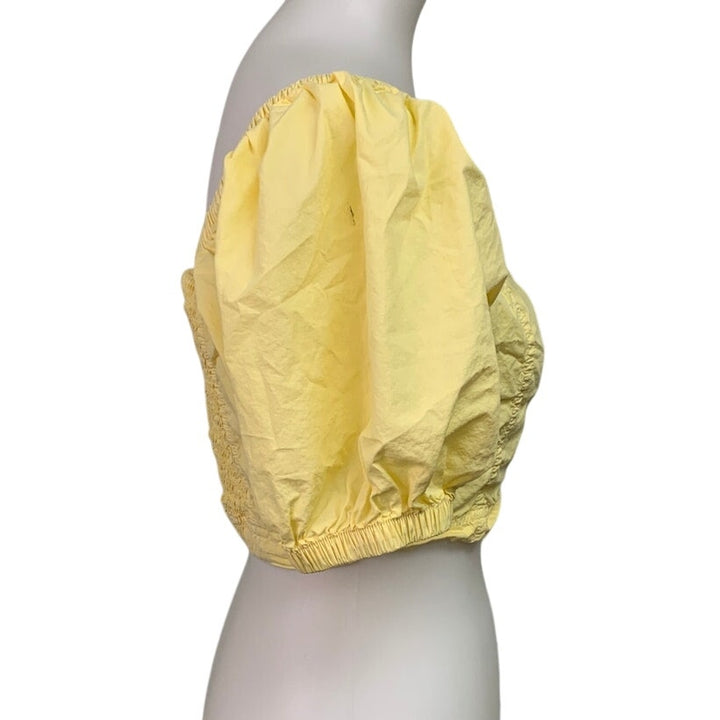 New Aerie Womens Small Pale Yellow Puff Sleeve Smocked Cropped Square Neck Top