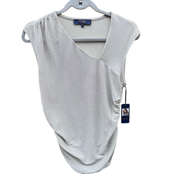 NWT New Rachel Roy Womens Medium Silver Shimmer Ruched Asymmetrical Neck Blouse