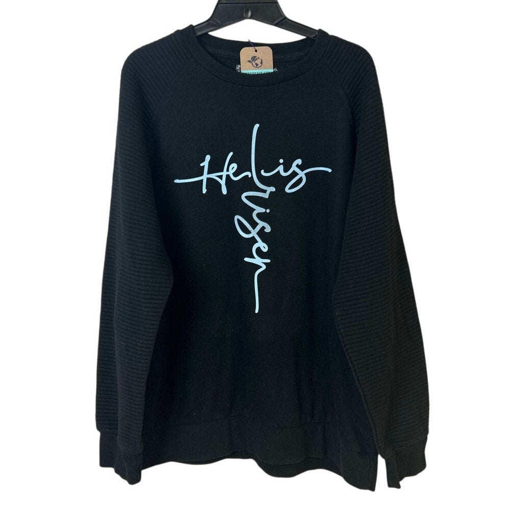 Upcycled Hand Printed Womens XL He Is Risen Easter Faith Long Sleeve Sweatshirt