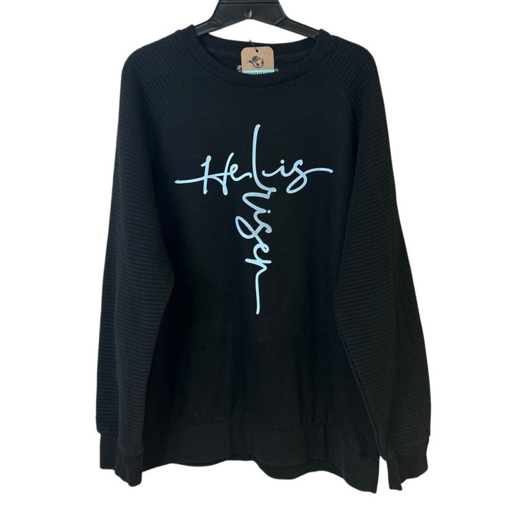 Upcycled Hand Printed Womens XL He Is Risen Easter Faith Long Sleeve Sweatshirt
