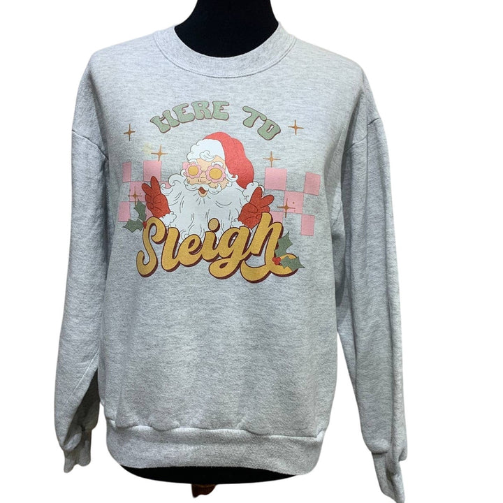 Upcycled Hand Printed Medium Christmas Santa Claus Here to Sleigh Sweatshirt