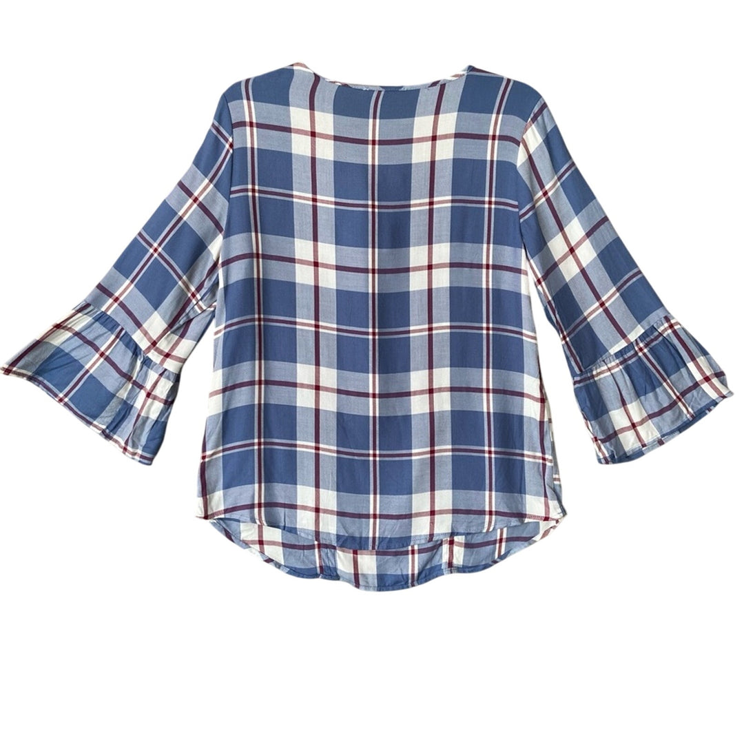 NWT New Como Blu Womens Medium Blue Plaid Half Bell Sleeve Rayon Front Tie Top
