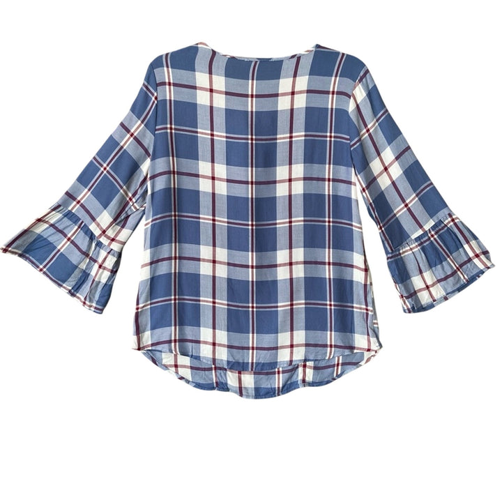 NWT New Como Blu Womens Medium Blue Plaid Half Bell Sleeve Rayon Front Tie Top