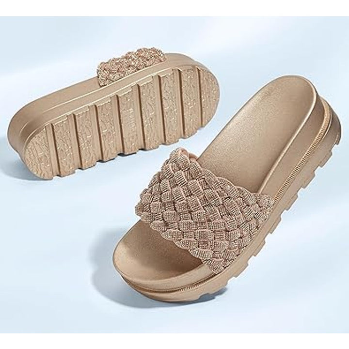 Lucky Step Womens Size 8 Rose Gold Woven Strap Slide On Platform Sandals Shoes