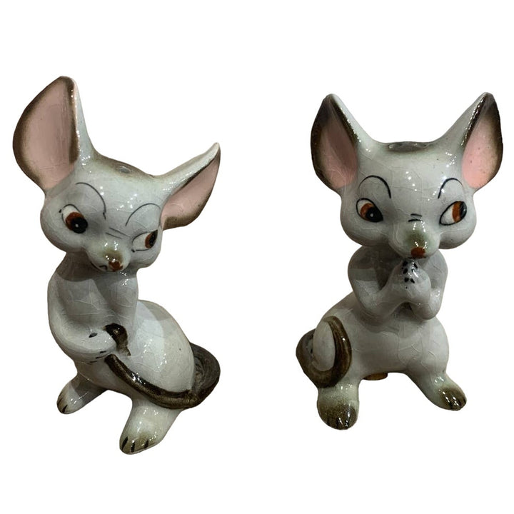 Vintage Japan Ceramic Mouse Cartoon Pair of Mice Gray Salt Pepper Shaker Set