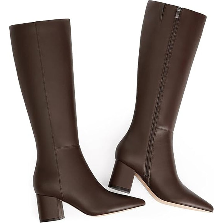 New Easyfox Womens Size 10 Brown Faux Leather 3" Block Heel Zip Knee High Boots