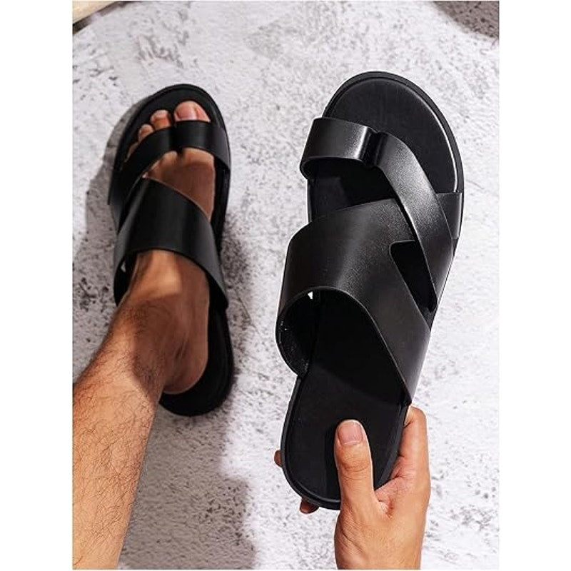 New Gorglitter Mens Size 10 Black Faux Leather Thong Flip Flop Flat Sandal Shoes