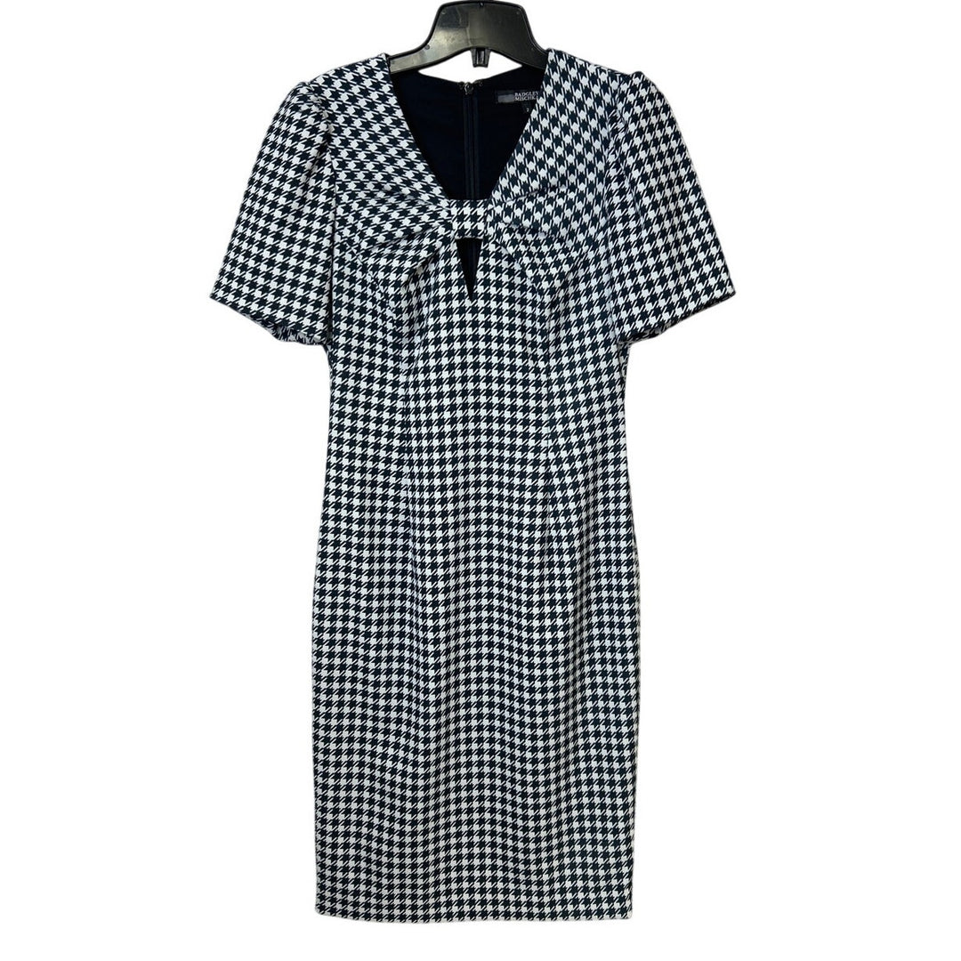 Badgley Mischka Size 2 Black White Houndstooth Twist Bow Neck Knee Length Dress