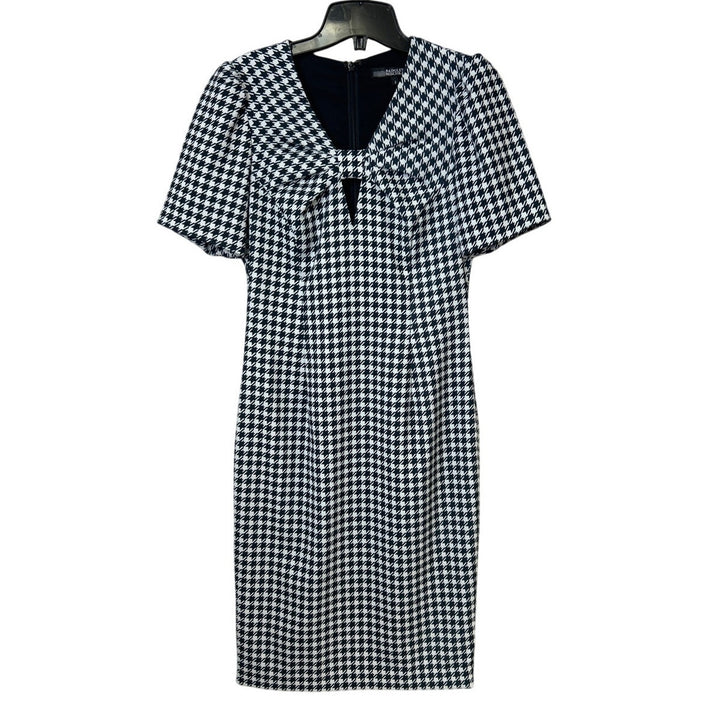 Badgley Mischka Size 2 Black White Houndstooth Twist Bow Neck Knee Length Dress