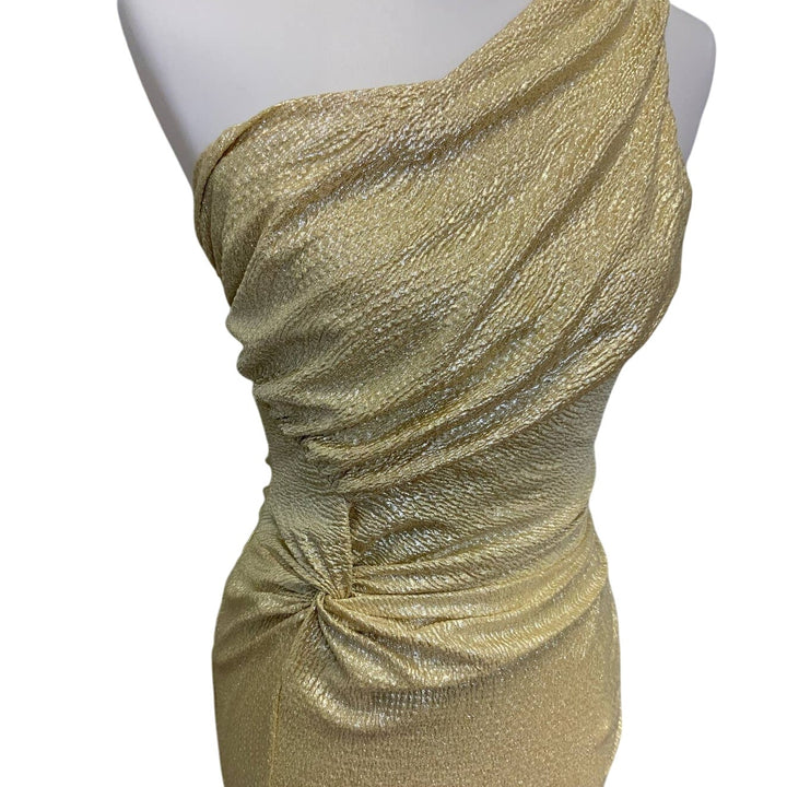 AUW As You Wish Womens Small One Shoulder Swoop Shiny Gold Sleeveless Dress