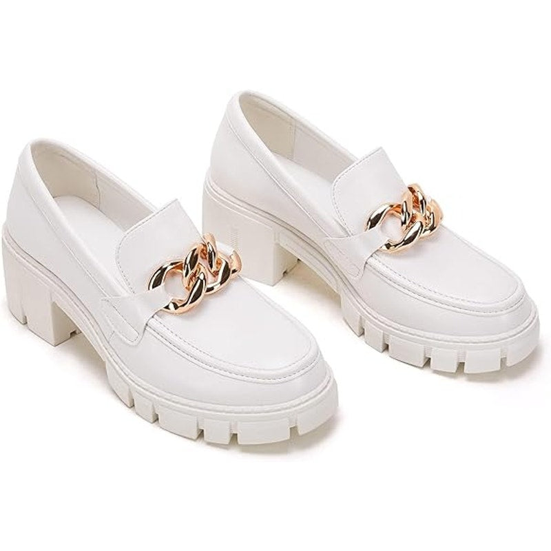 New Tinstree Womens 8 White Faux Leather Gold Chain 2.5" Platform Loafer Shoes