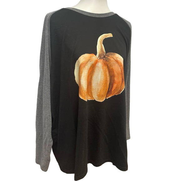 Hand Printed 3XL Upcycled Long Sleeve Giant Fall Pumpkin Cotton Blend Tee Shirt