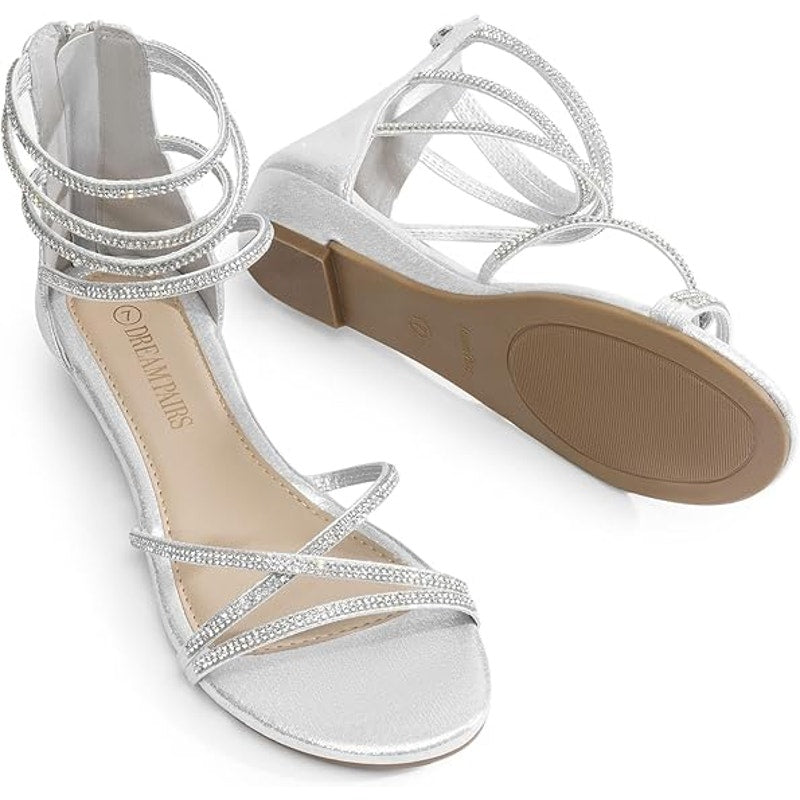 Dream Pairs Womens Size 8 Ankle Strap Silver Gladiator Rhinestone Flat Sandals