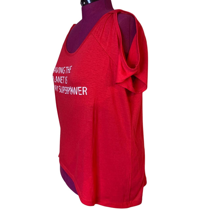 Hand Printed Upcycled Womens 2X Saving the Planet Superpower Cold Shoulder Tee