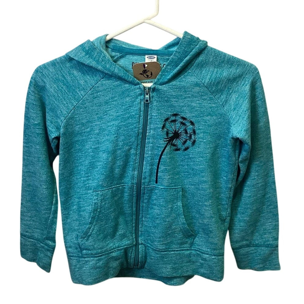 Hand Printed Upcycled Youth Medium Dandelion Wish Long Sleeve Full Zip Jacket