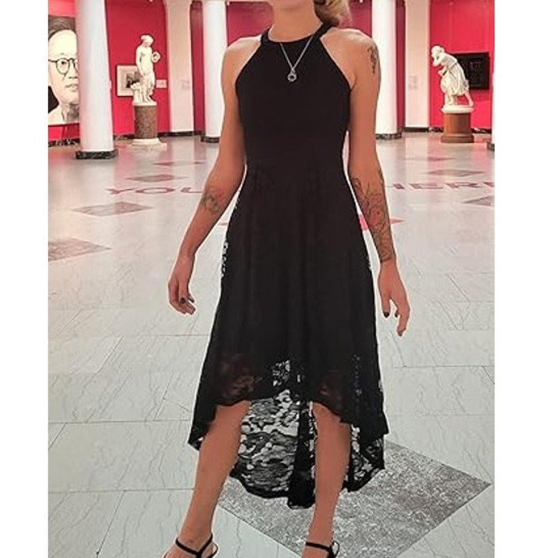 NWT New Dressystar Womens Medium Black Back Zip Lined Lace Halter High Lo Dress