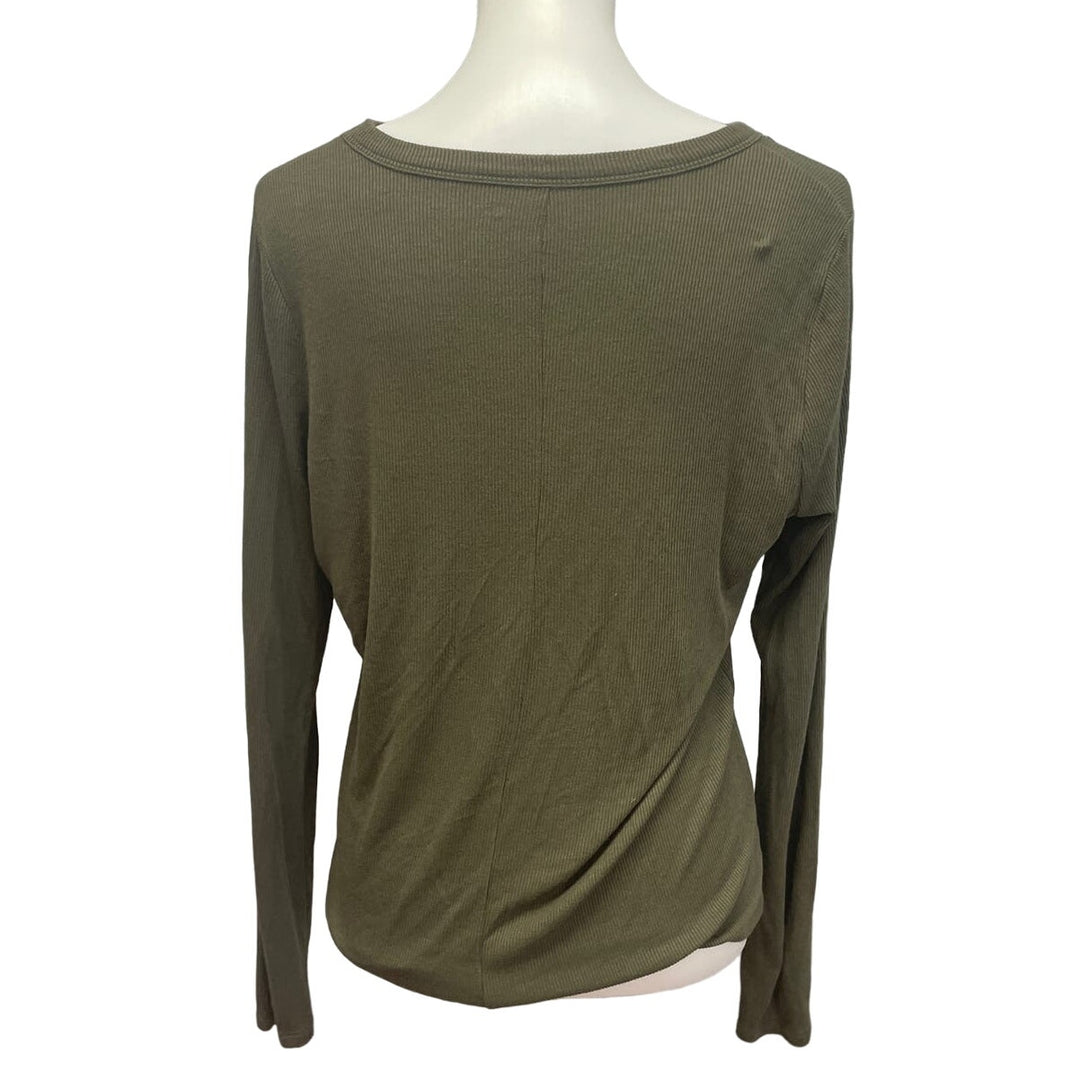 So Womens Olive Green Large Long Sleeve Stretchy Ribbed Rayon Spandex Top