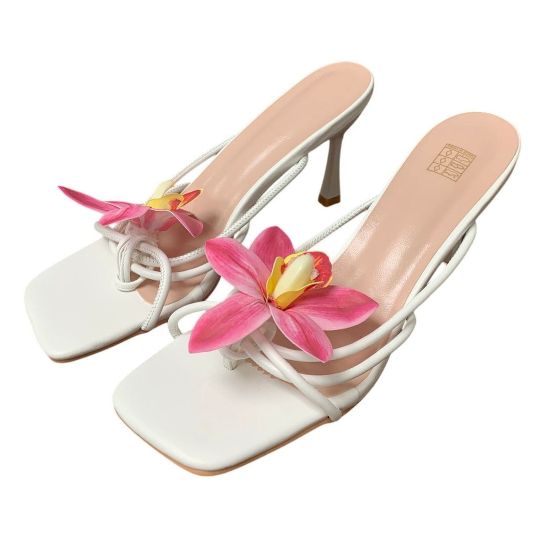 New Womens Size 9 White Pink Flower Slide On 4" Heel Open Toe Thong Sandal Shoes