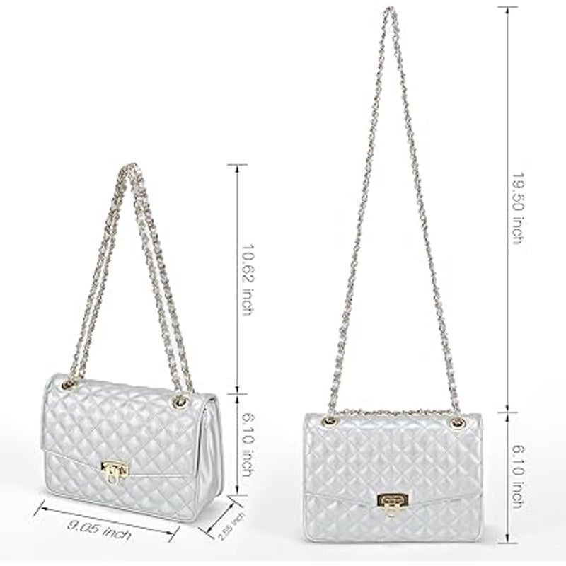 New GM LIKKIE Shiny Silver Quilted Double Handle Adjustable Strap Shoulder Bag