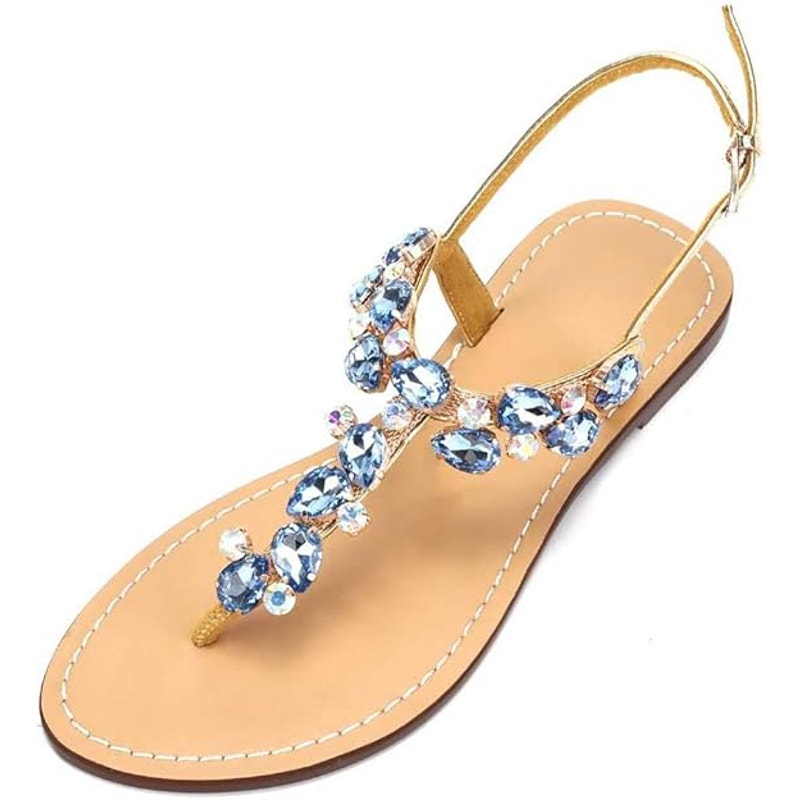 Aijivou Womens Size 9.5 Blue Rhinestone Sandals Flip Flop Open Round Toe Shoes