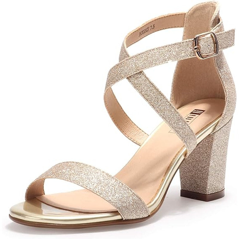New Idifu Womens Size 9 Gold Glitter IN3 Grace 3" Block Heel Cross Strap Shoes