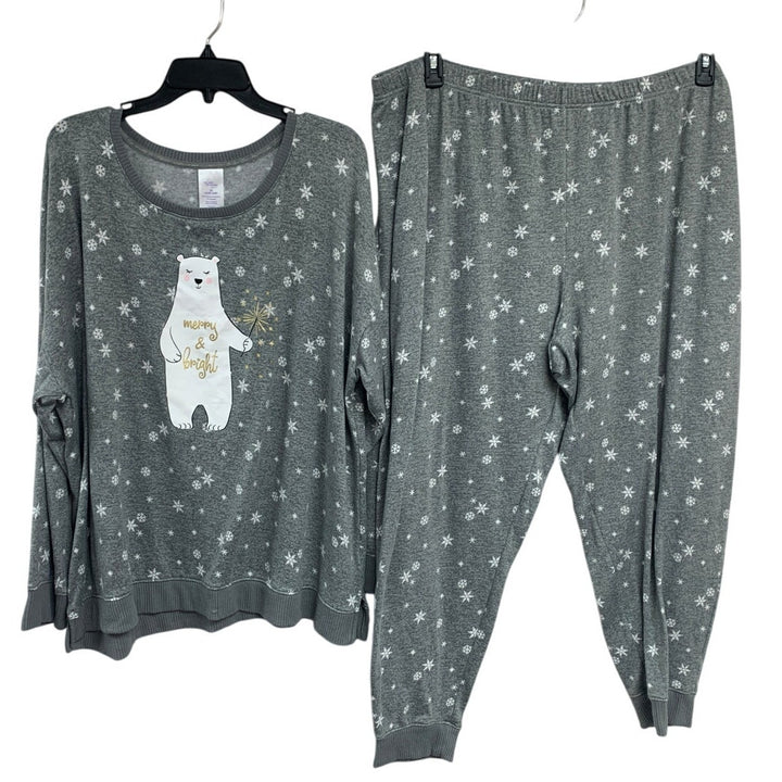 Secret Treasures Womens 3X Merry &amp; Bright Bear Snow Flake Long Sleeve Pajama Set