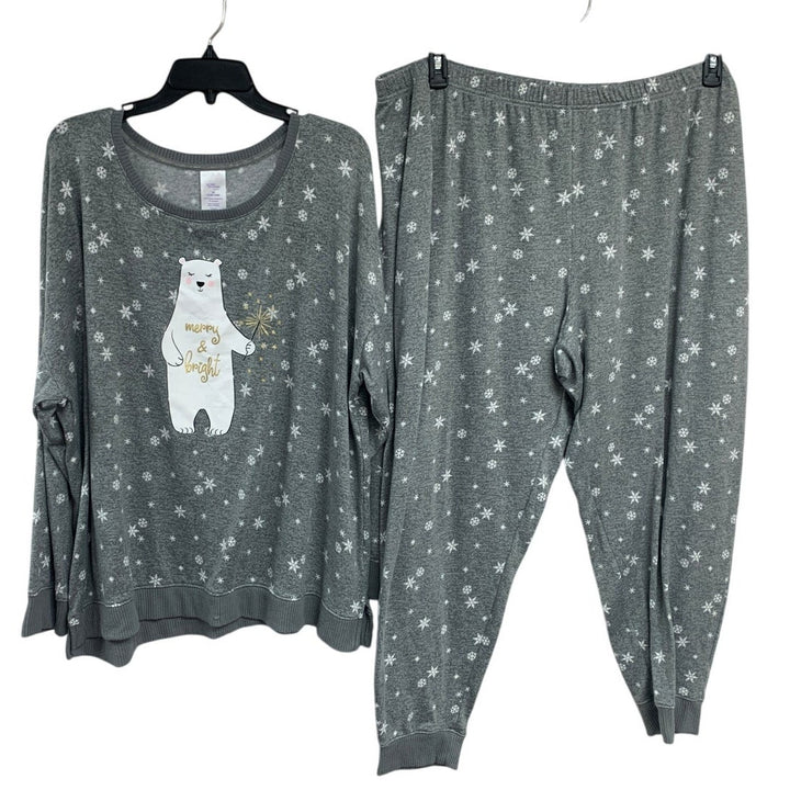 Secret Treasures Womens 3X Merry &amp; Bright Bear Snow Flake Long Sleeve Pajama Set