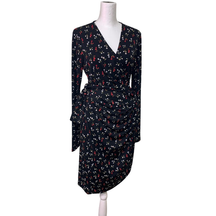 Lark &amp; Ro Womens Medium Red Black Floral Long Sleeve V Neck Belt Tie Wrap Dress
