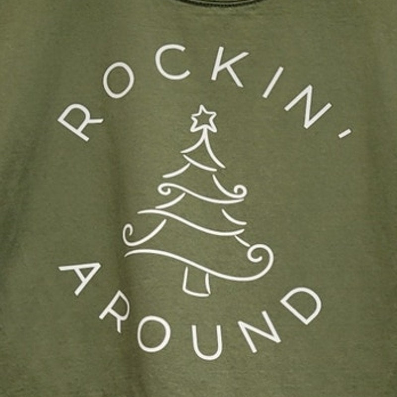 Hand Printed Upcycled Womens Medium Rockin Around Christmas Tree Tee Shirt
