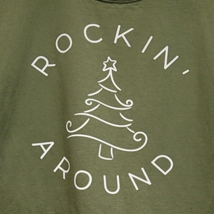 Hand Printed Upcycled Womens Medium Rockin Around Christmas Tree Tee Shirt